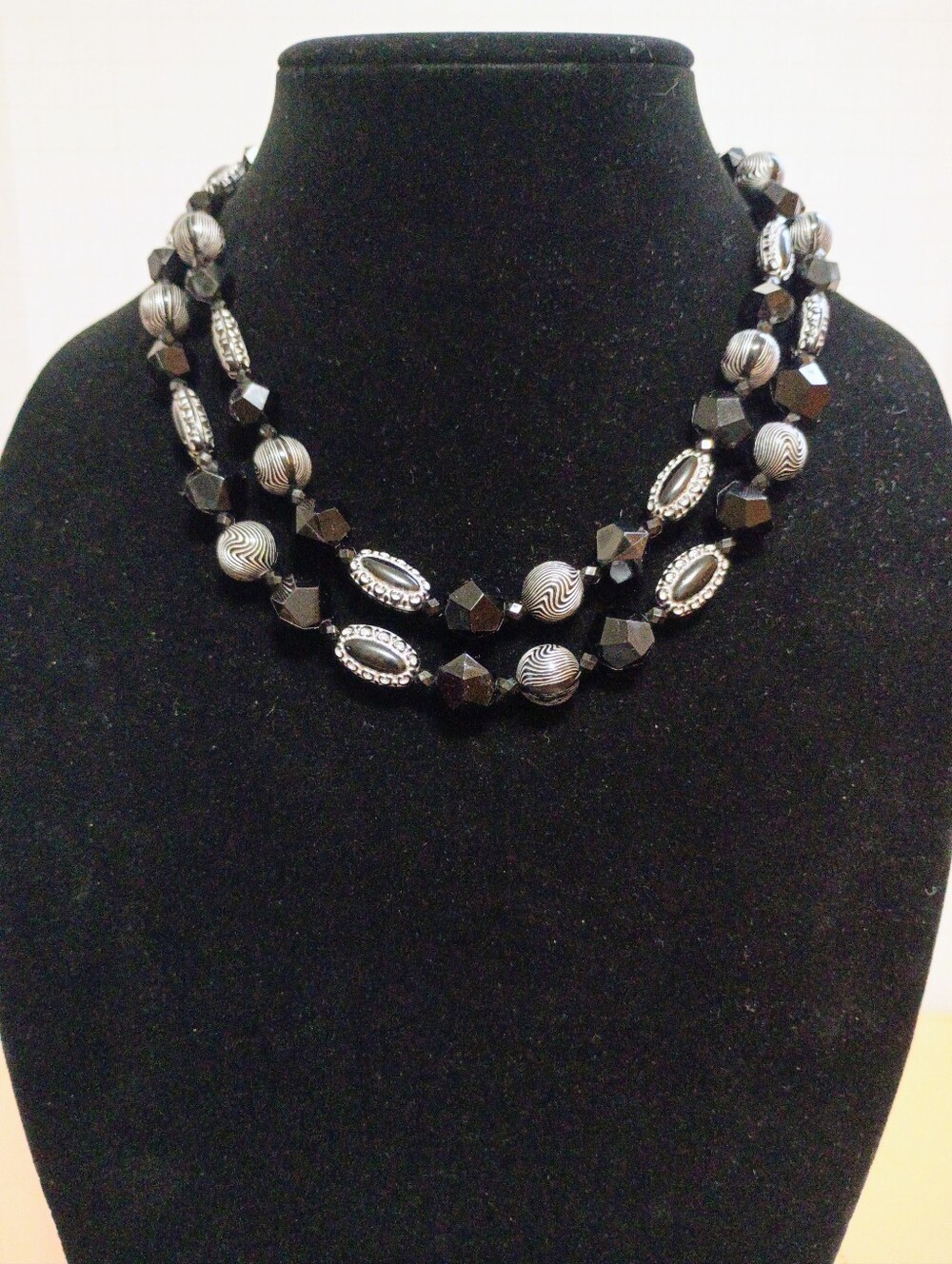 Vintage Silver Toned and Black Double Strand Beaded Necklace